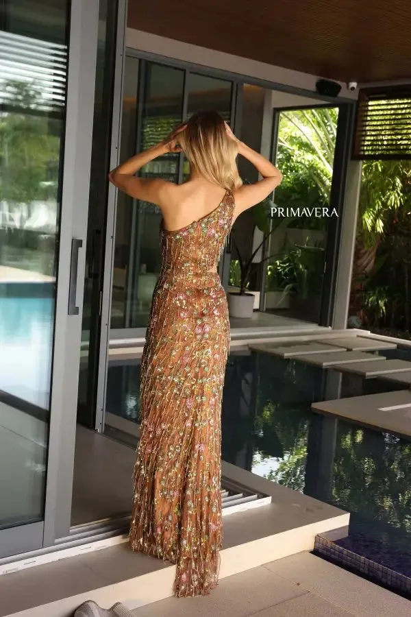 Primavera Couture 4131 Long Prom Dress Beaded Floral Side Cut Out Fitted Fringes Formal Pageant Gown