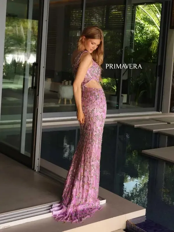 Primavera Couture 4131 Long Prom Dress Beaded Floral Side Cut Out Fitted Fringes Formal Pageant Gown
