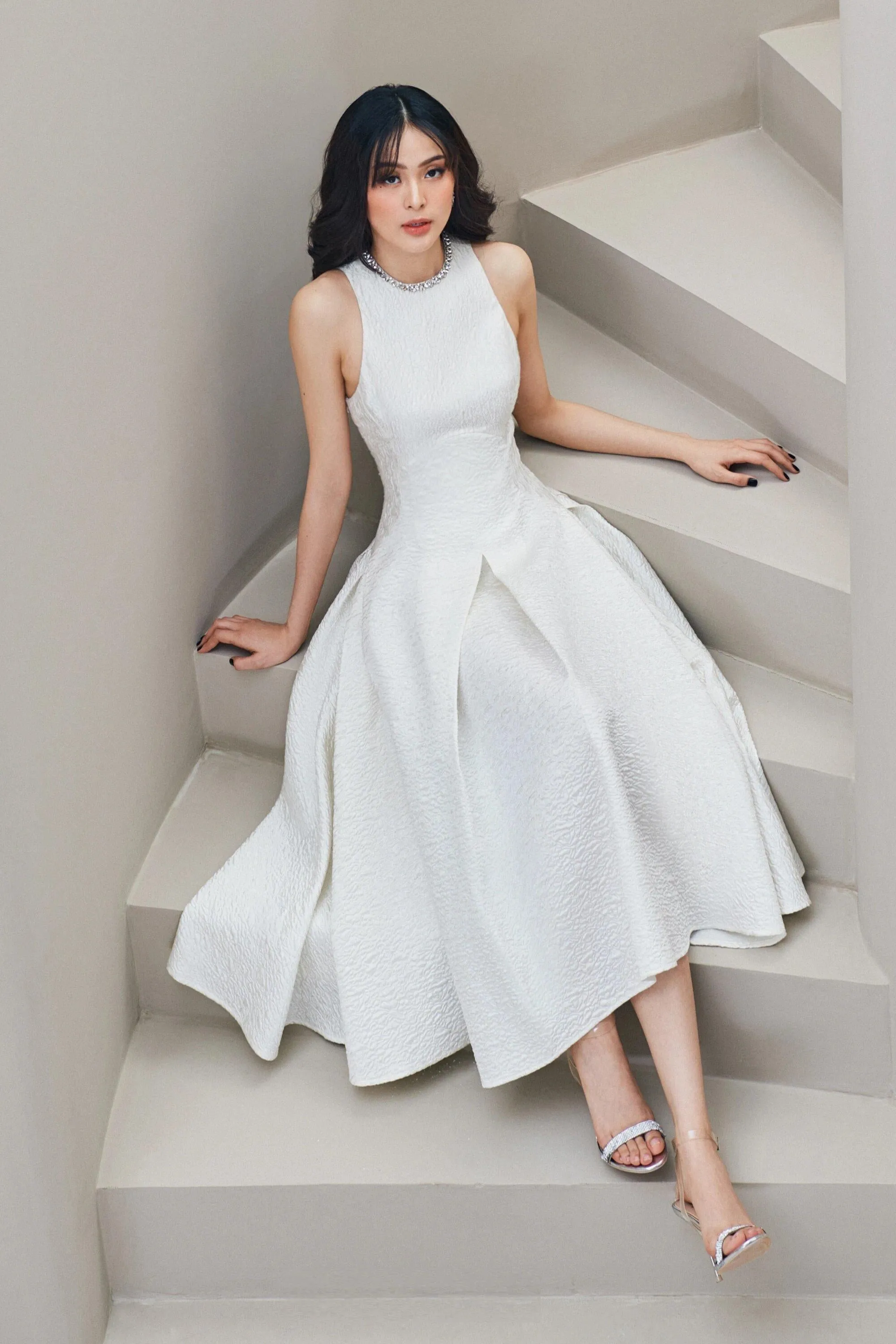 RETRO bridesmaid wedding midi jewel neck dress -Lili