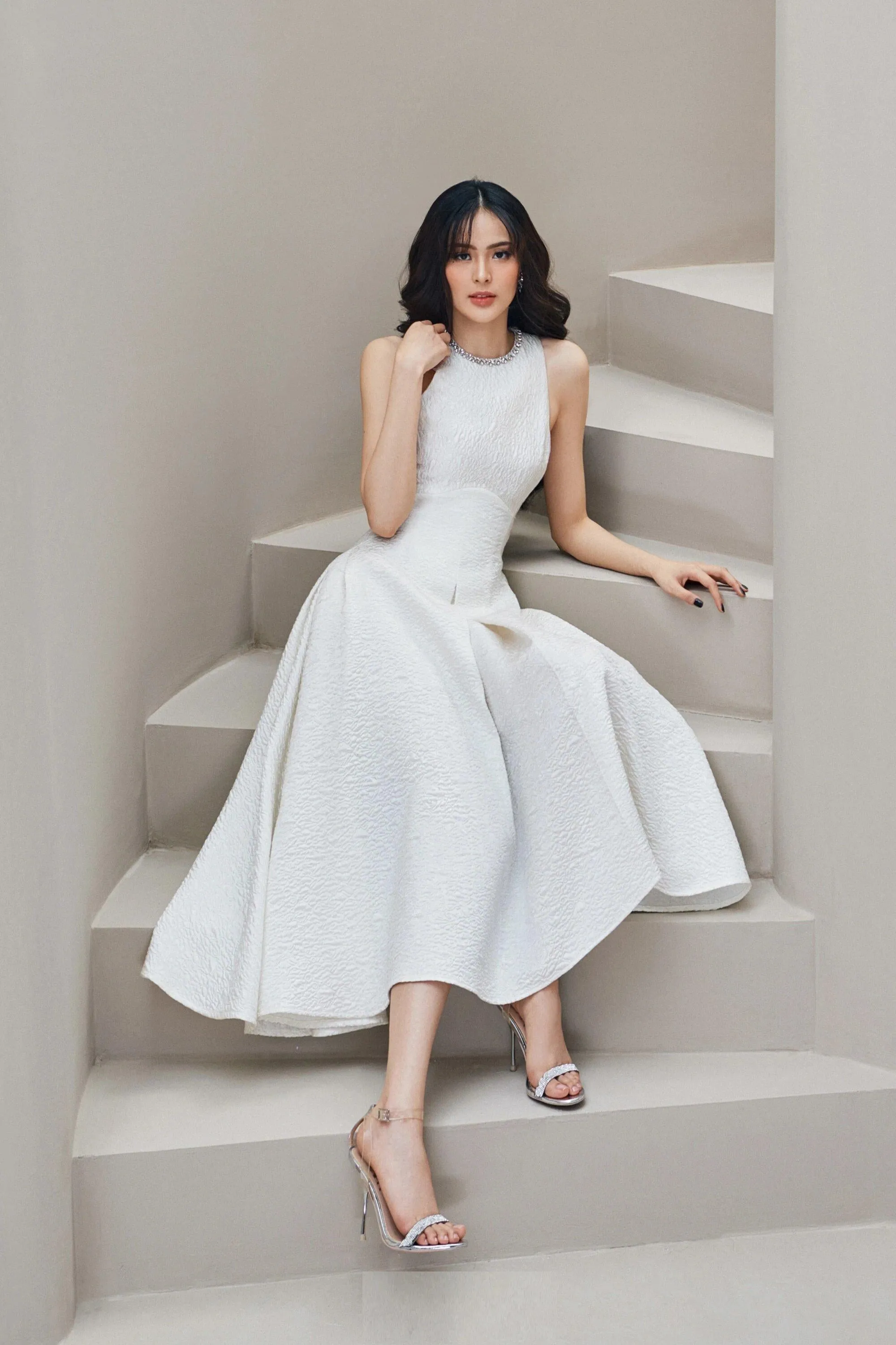 RETRO bridesmaid wedding midi jewel neck dress -Lili
