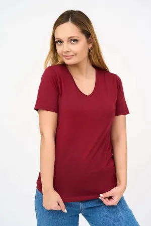 Short-Sleeved V Neck Women's T Shirt in Maroon