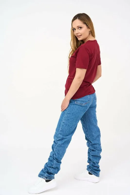 Short-Sleeved V Neck Women's T Shirt in Maroon