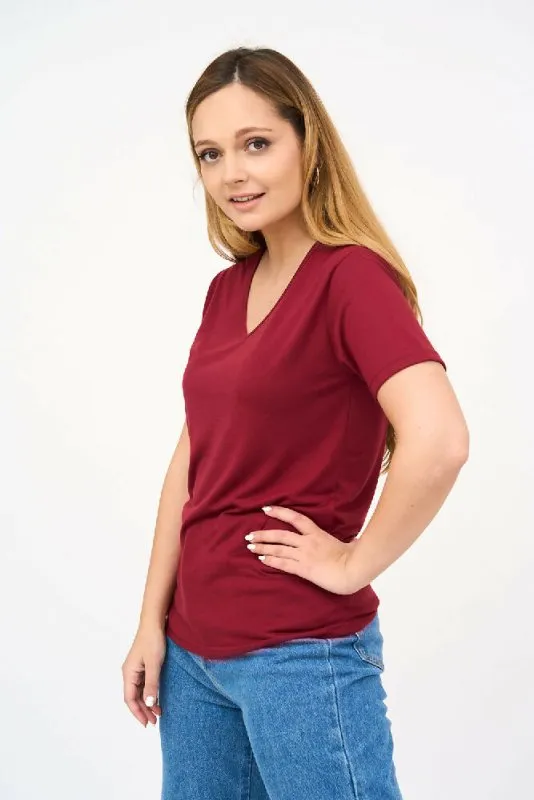 Short-Sleeved V Neck Women's T Shirt in Maroon