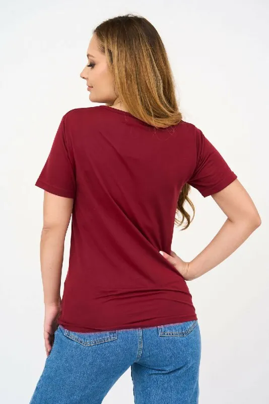Short-Sleeved V Neck Women's T Shirt in Maroon