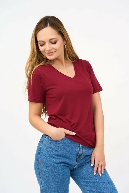 Short-Sleeved V Neck Women's T Shirt in Maroon