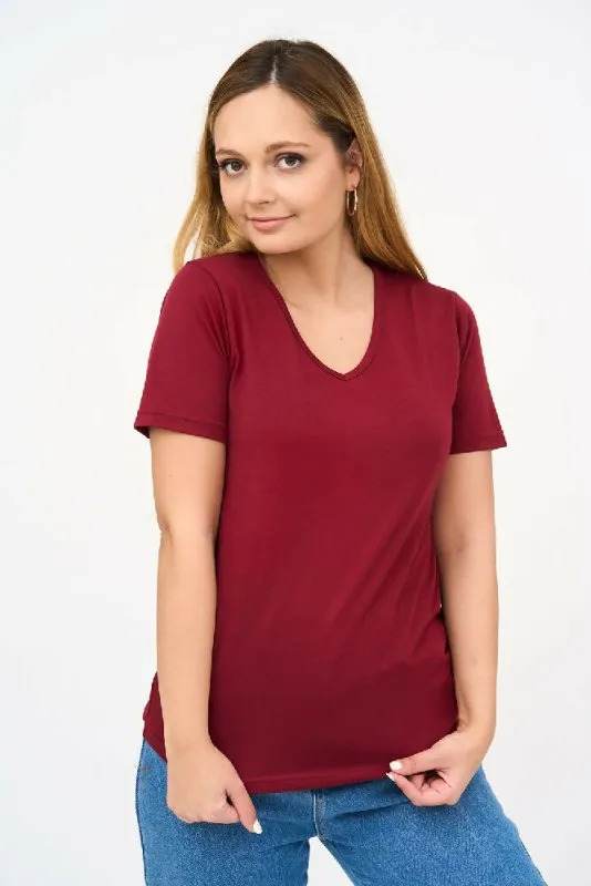 Short-Sleeved V Neck Women's T Shirt in Maroon