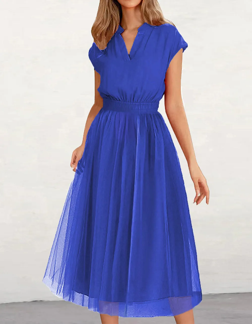Solid-color Batwing Sleeve V-Neck Band Waist Mesh Midi A-Line Dresses