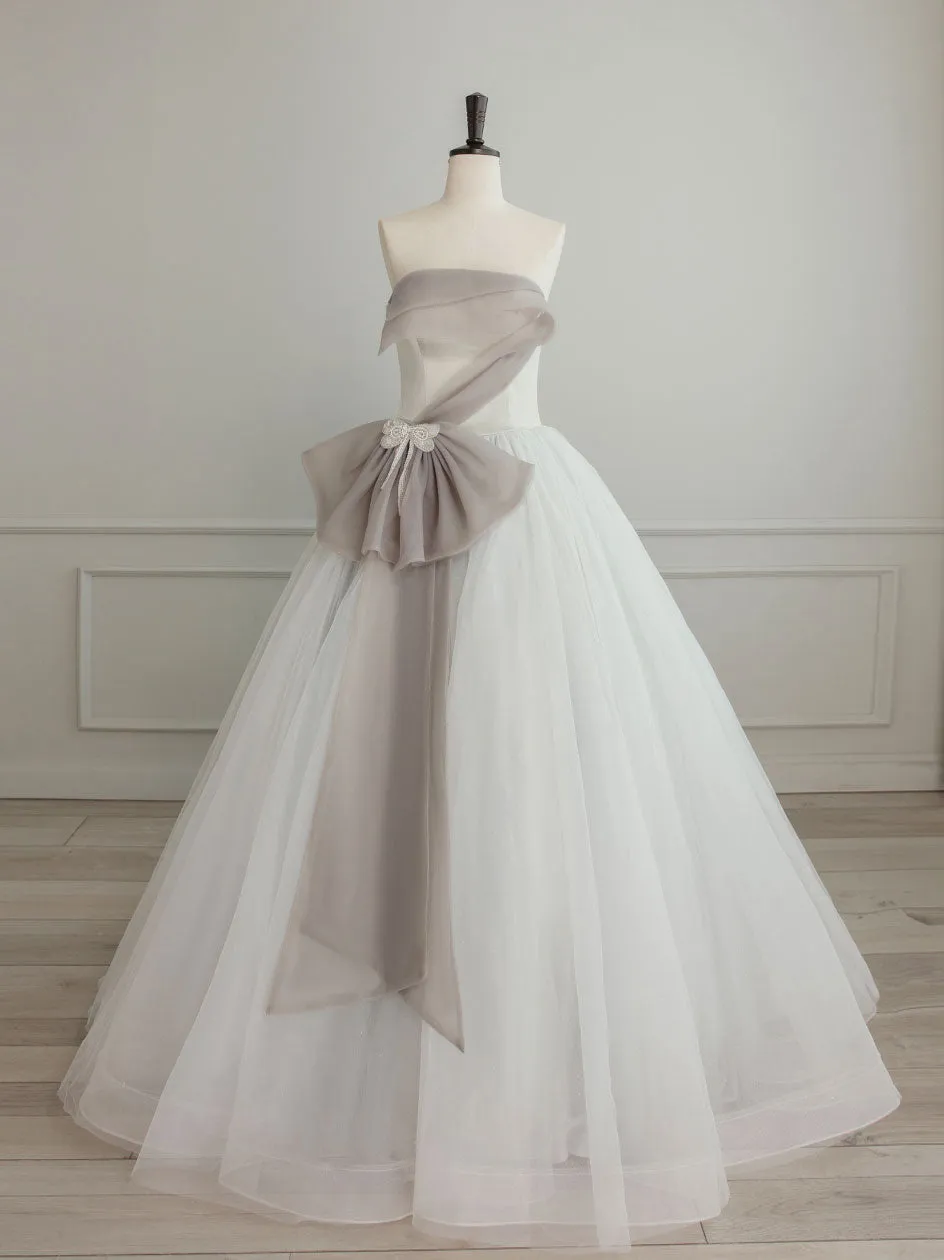 Strapless Asymmetrical White/Grey Contrast Wedding Dress