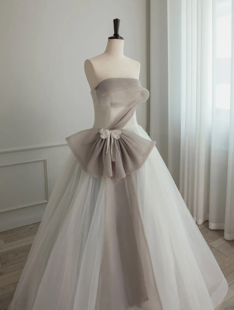 Strapless Asymmetrical White/Grey Contrast Wedding Dress