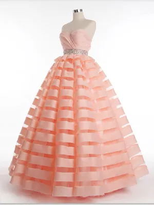 Strapless Organza Stripes Ball Gown Prom Evening Dress