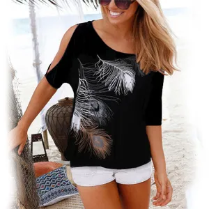 Summer Casual Women's O-neck Loose Cold Shoulder Tops With Feather Print