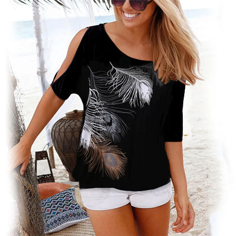 Summer Casual Women's O-neck Loose Cold Shoulder Tops With Feather Print