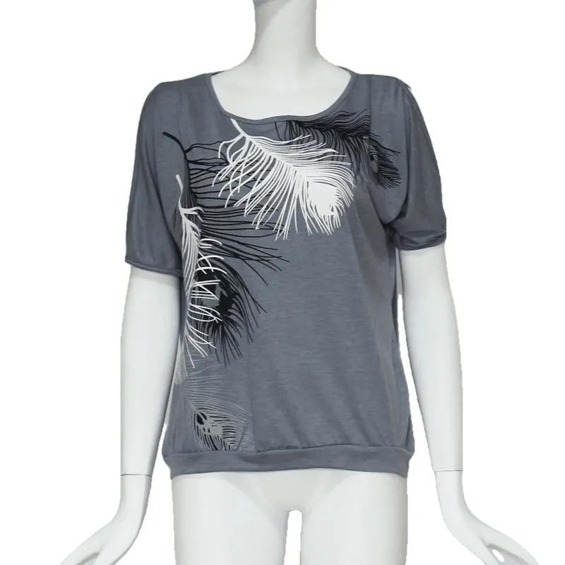 Summer Casual Women's O-neck Loose Cold Shoulder Tops With Feather Print