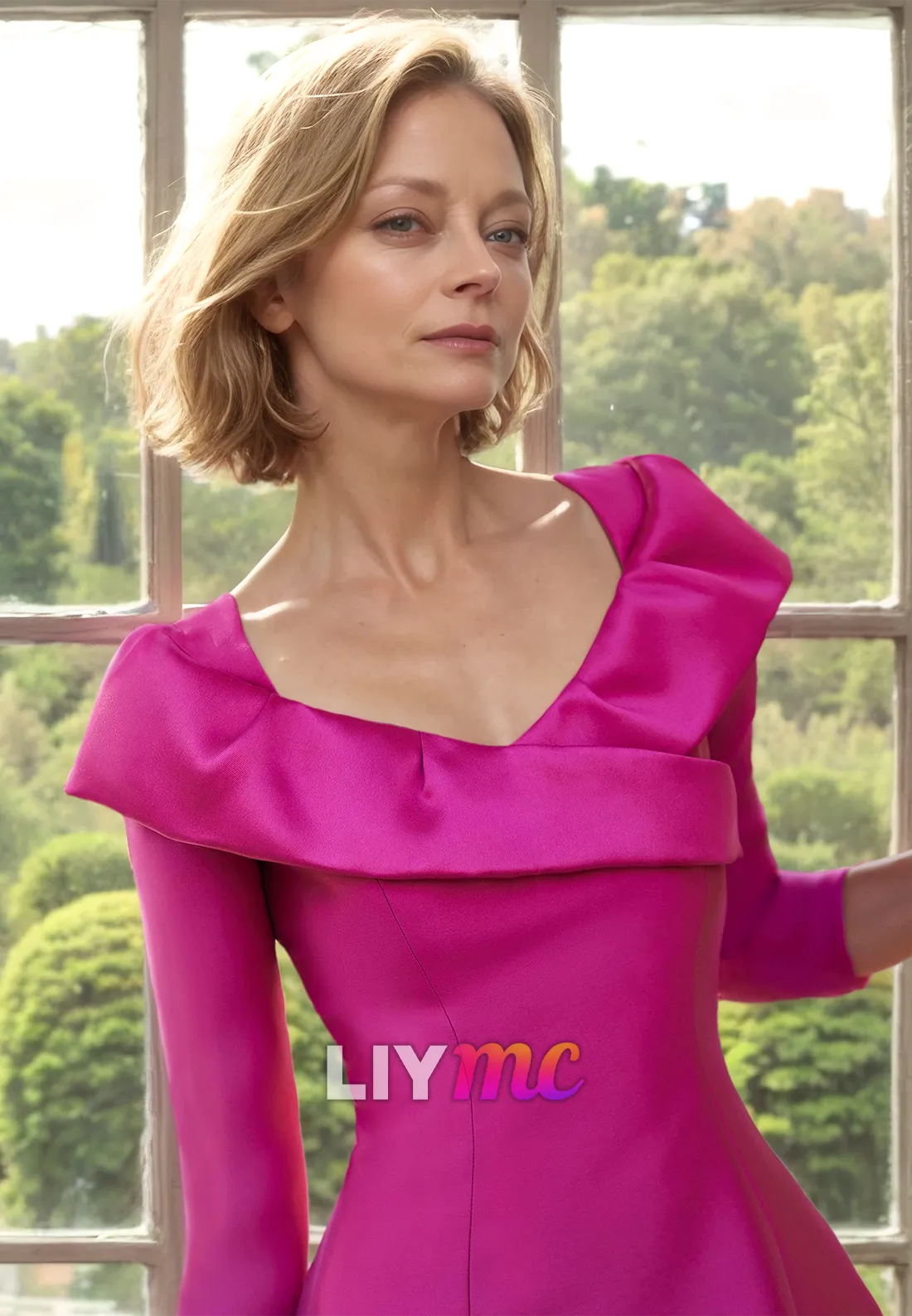 V-Neck Long Sleeves Sleek Pleated Satin Knee-Length Mother of Bride Dress