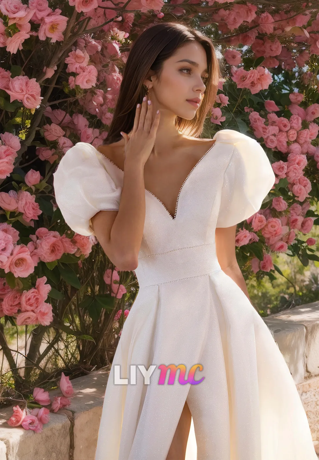 V-Neck Puff Sleeves Sleek Satin Pleated A-Line Beach Wedding Dress
