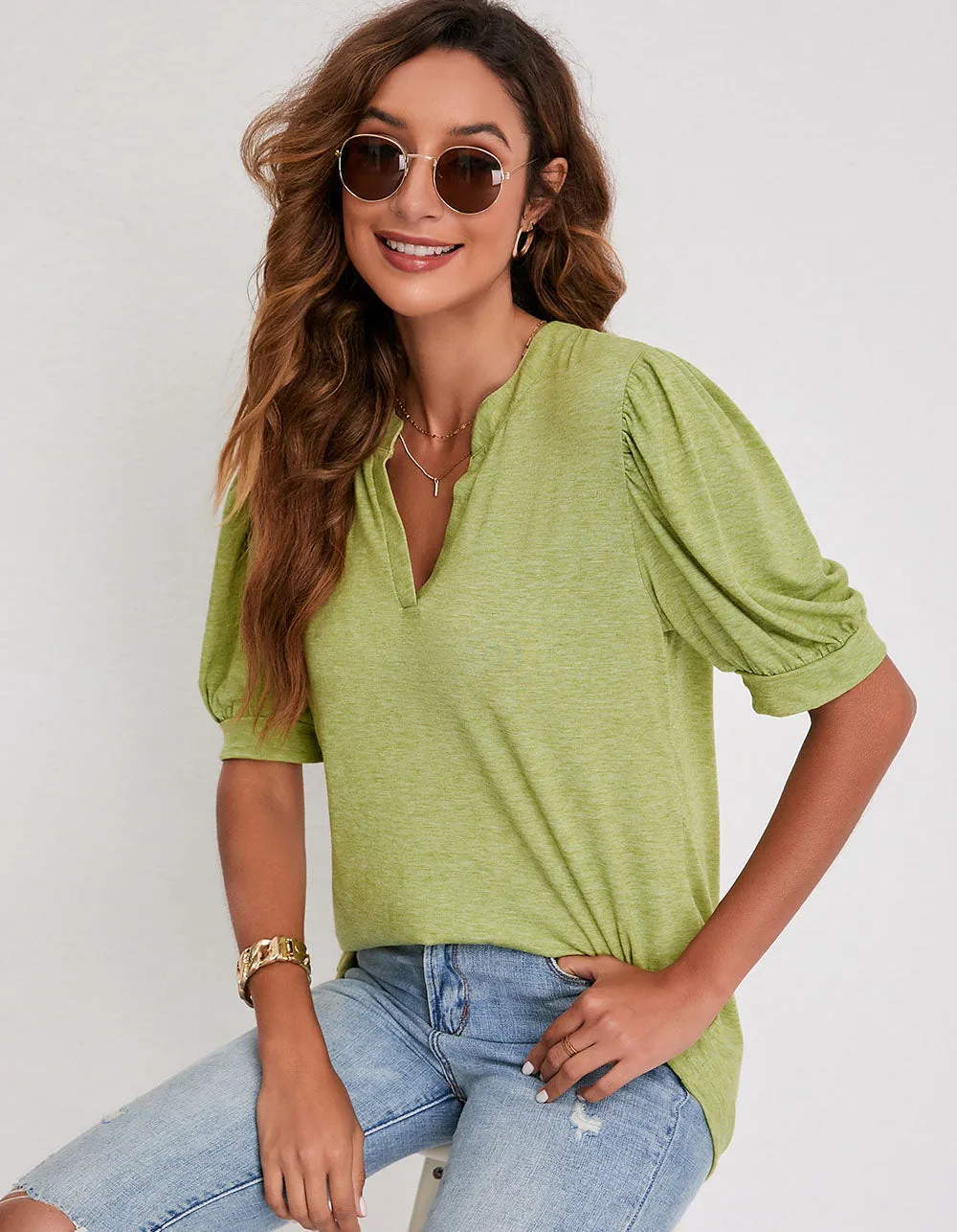 V Neck Solid-color Short Puff Sleeve Loose T-Shirt