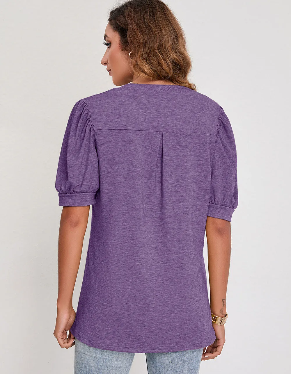 V Neck Solid-color Short Puff Sleeve Loose T-Shirt