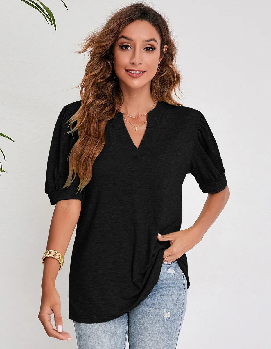 V Neck Solid-color Short Puff Sleeve Loose T-Shirt