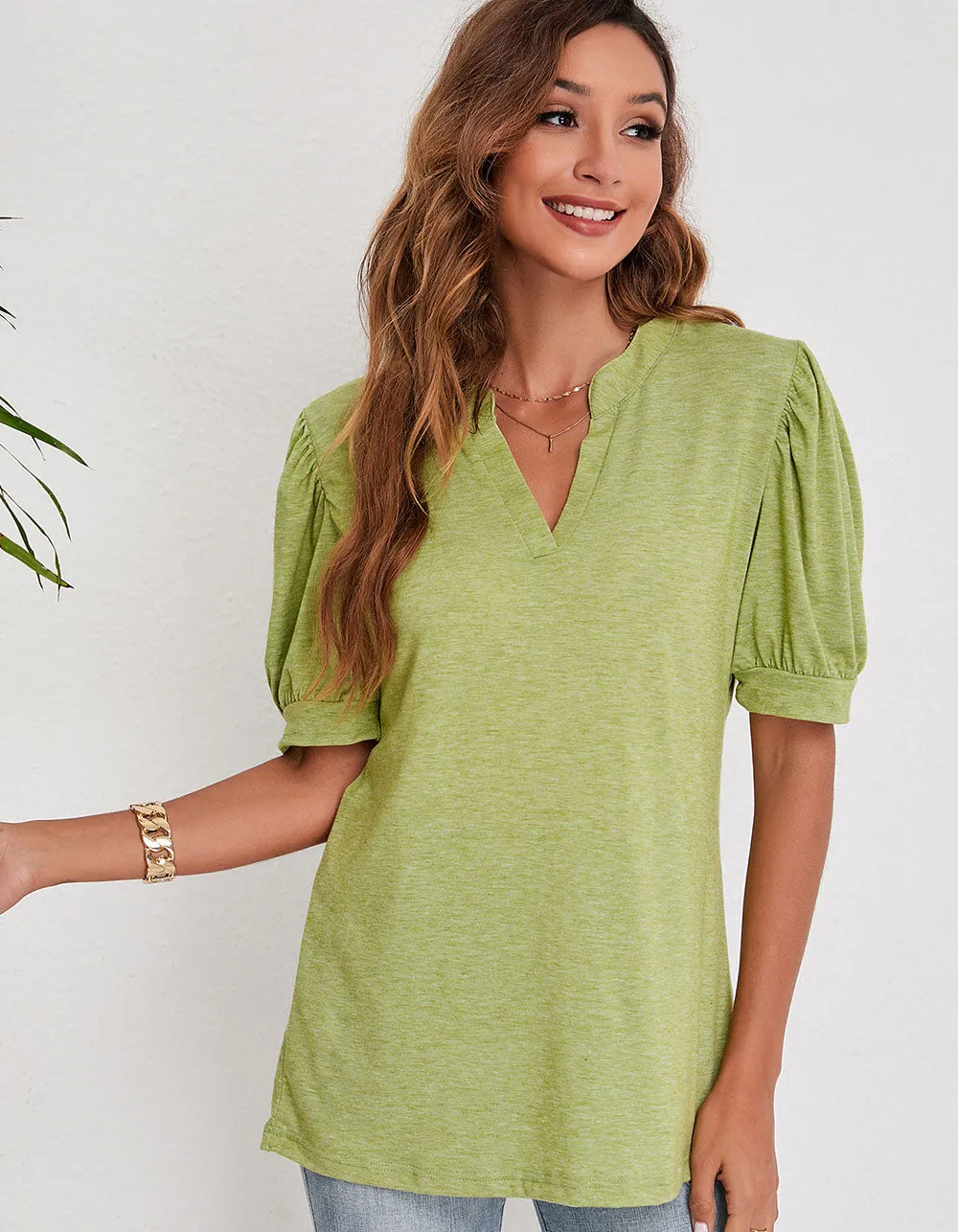 V Neck Solid-color Short Puff Sleeve Loose T-Shirt