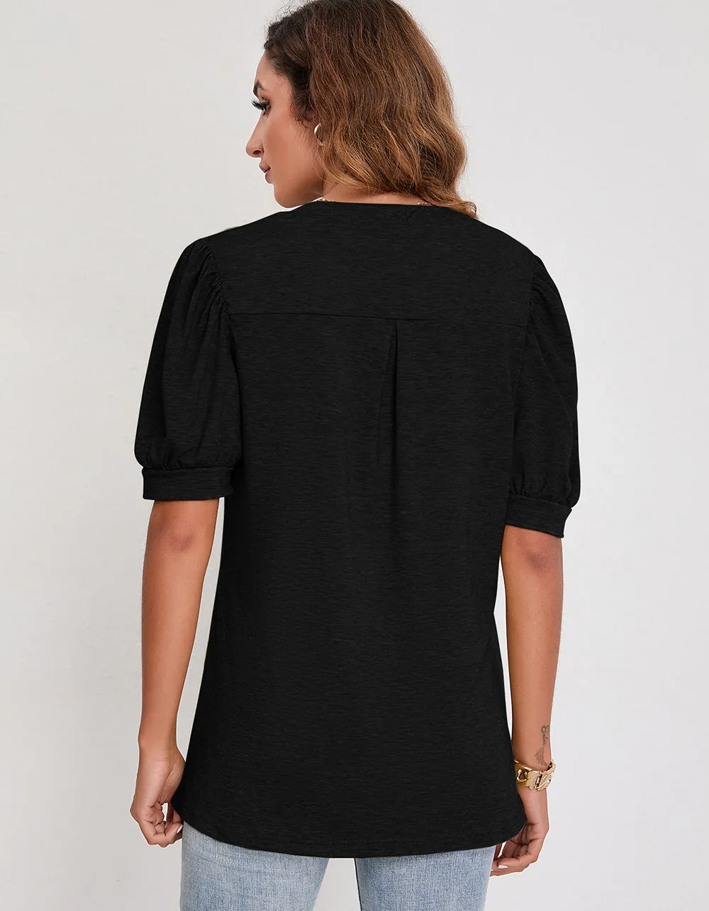 V Neck Solid-color Short Puff Sleeve Loose T-Shirt
