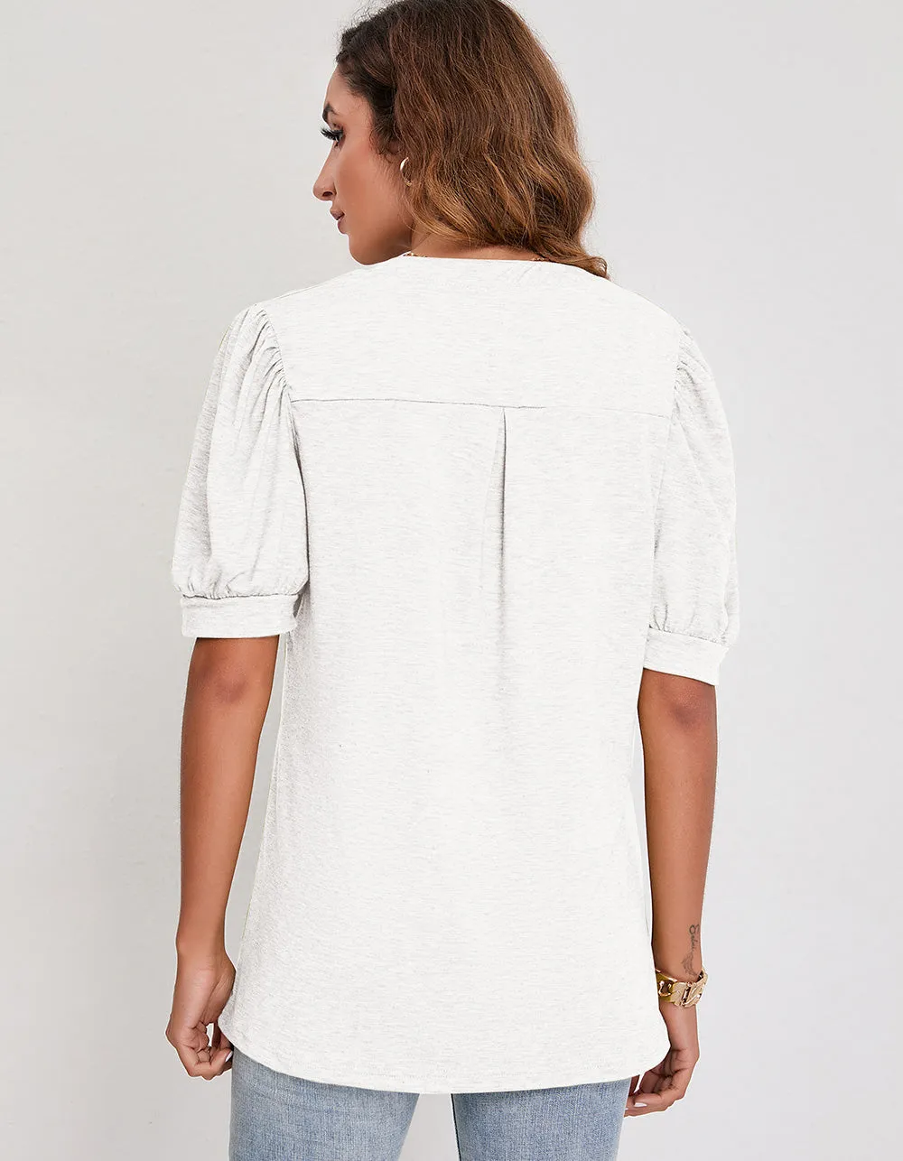 V Neck Solid-color Short Puff Sleeve Loose T-Shirt