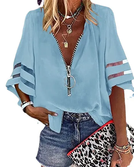V-neck Zipper Half Bell Sleeve Mesh Solid Color Stitching Loose Casual Women's Shirt