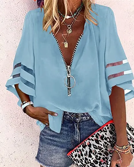 V-neck Zipper Half Bell Sleeve Mesh Solid Color Stitching Loose Casual Women's Shirt