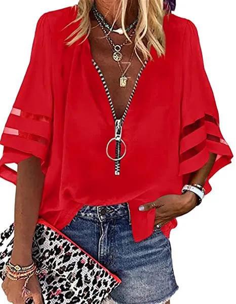 V-neck Zipper Half Bell Sleeve Mesh Solid Color Stitching Loose Casual Women's Shirt