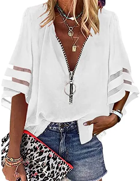 V-neck Zipper Half Bell Sleeve Mesh Solid Color Stitching Loose Casual Women's Shirt