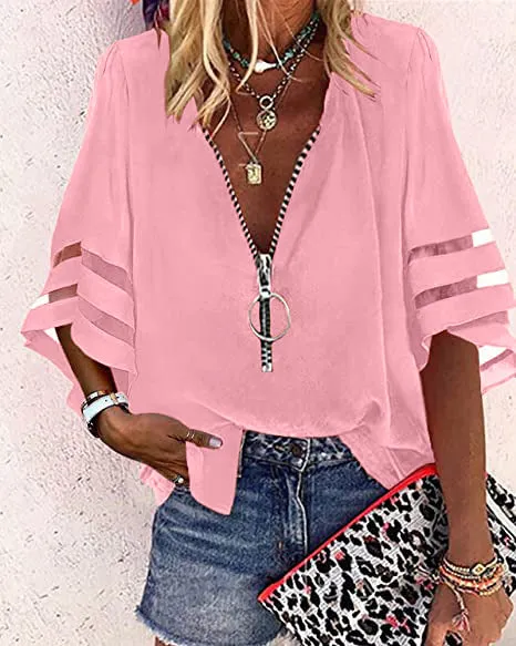 V-neck Zipper Half Bell Sleeve Mesh Solid Color Stitching Loose Casual Women's Shirt
