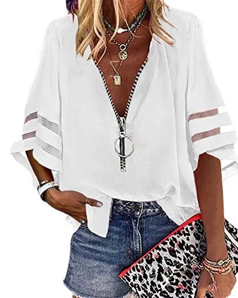 V-neck Zipper Half Bell Sleeve Mesh Solid Color Stitching Loose Casual Women's Shirt