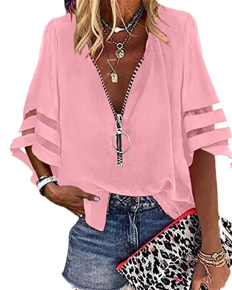 V-neck Zipper Half Bell Sleeve Mesh Solid Color Stitching Loose Casual Women's Shirt