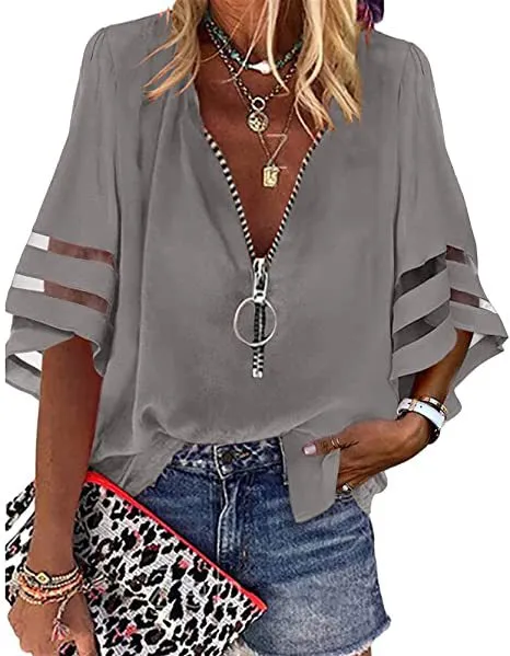 V-neck Zipper Half Bell Sleeve Mesh Solid Color Stitching Loose Casual Women's Shirt