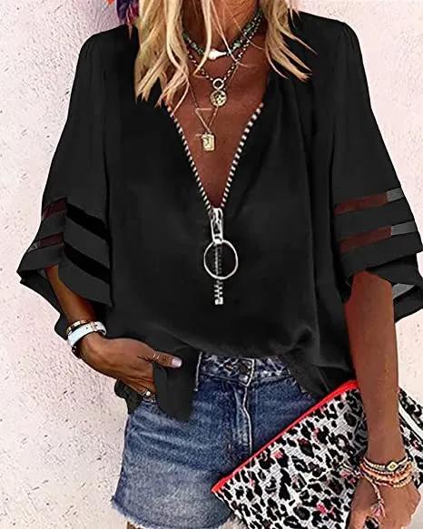 V-neck Zipper Half Bell Sleeve Mesh Solid Color Stitching Loose Casual Women's Shirt