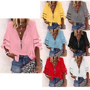 V-neck Zipper Half Bell Sleeve Mesh Solid Color Stitching Loose Casual Women's Shirt
