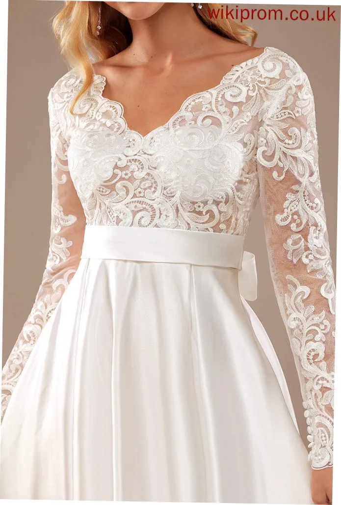 Wedding Dresses Train Wedding With Dress Lace Sweep Mariela Ball-Gown/Princess Lace Bow(s) Satin V-neck