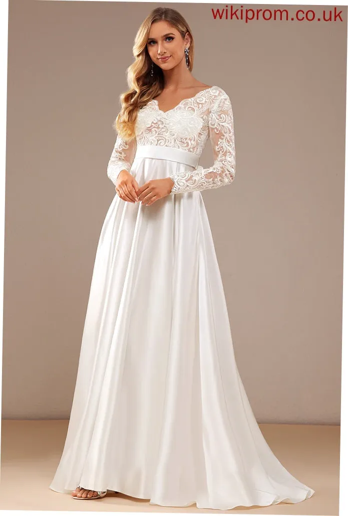 Wedding Dresses Train Wedding With Dress Lace Sweep Mariela Ball-Gown/Princess Lace Bow(s) Satin V-neck