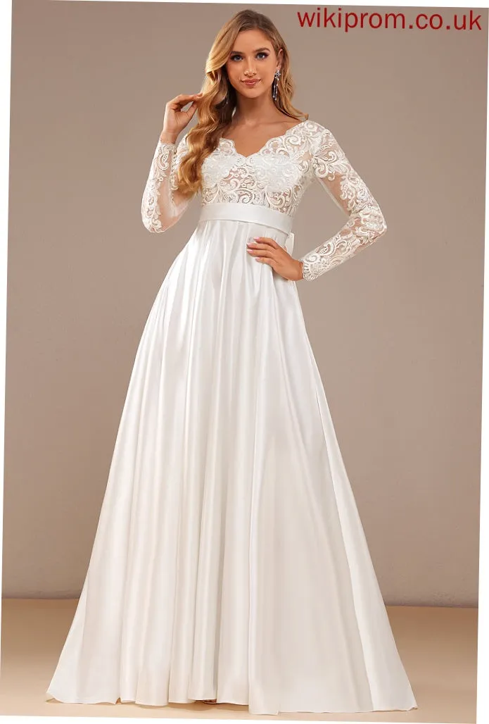 Wedding Dresses Train Wedding With Dress Lace Sweep Mariela Ball-Gown/Princess Lace Bow(s) Satin V-neck