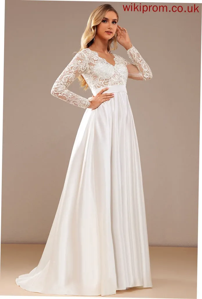 Wedding Dresses Train Wedding With Dress Lace Sweep Mariela Ball-Gown/Princess Lace Bow(s) Satin V-neck