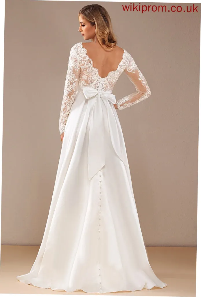 Wedding Dresses Train Wedding With Dress Lace Sweep Mariela Ball-Gown/Princess Lace Bow(s) Satin V-neck