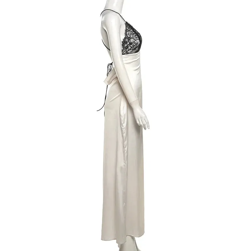 White Lace Up Patchwork Graceful V-neck Satin Midi Dress
