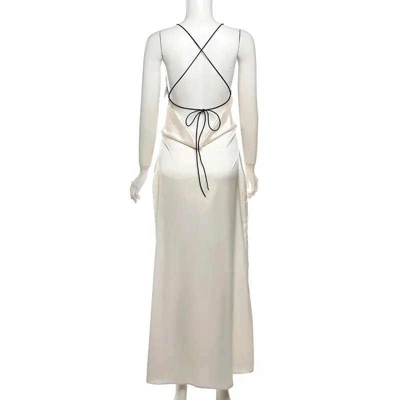 White Lace Up Patchwork Graceful V-neck Satin Midi Dress