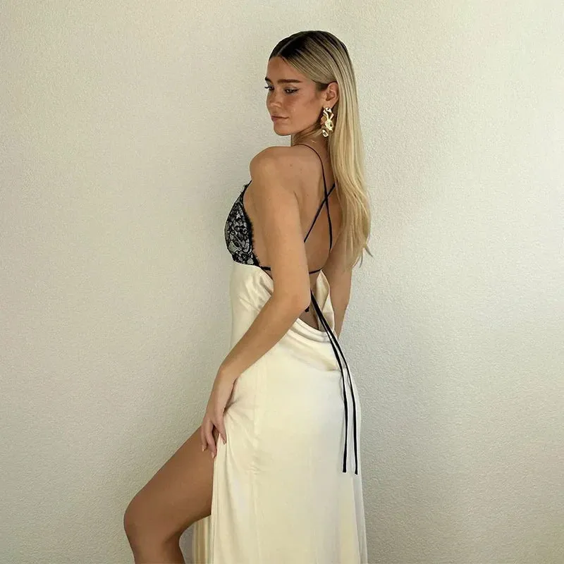 White Lace Up Patchwork Graceful V-neck Satin Midi Dress