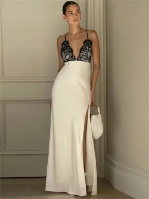 White Lace Up Patchwork Graceful V-neck Satin Midi Dress