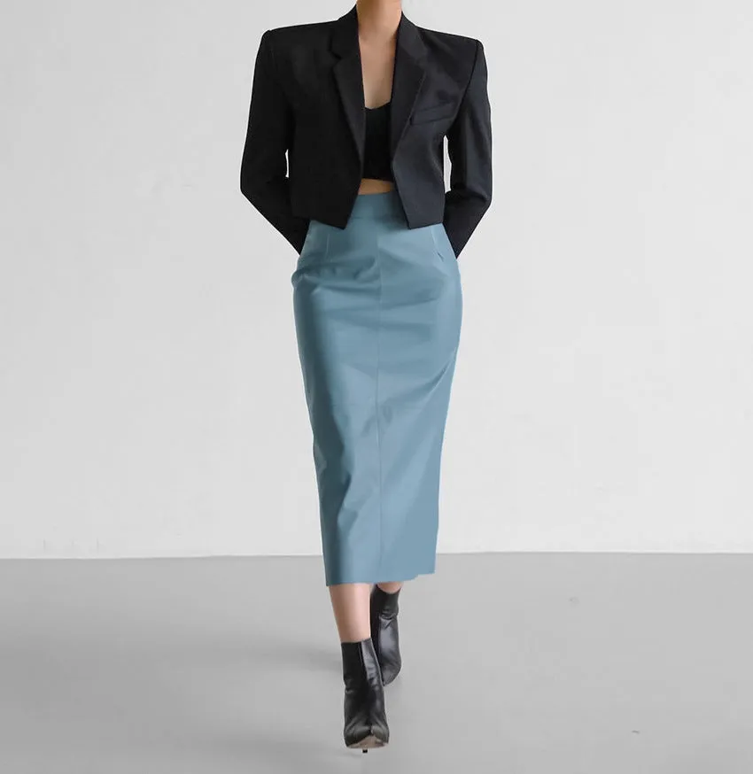 Women's High-Waisted Split PU Leather Pencil Skirt