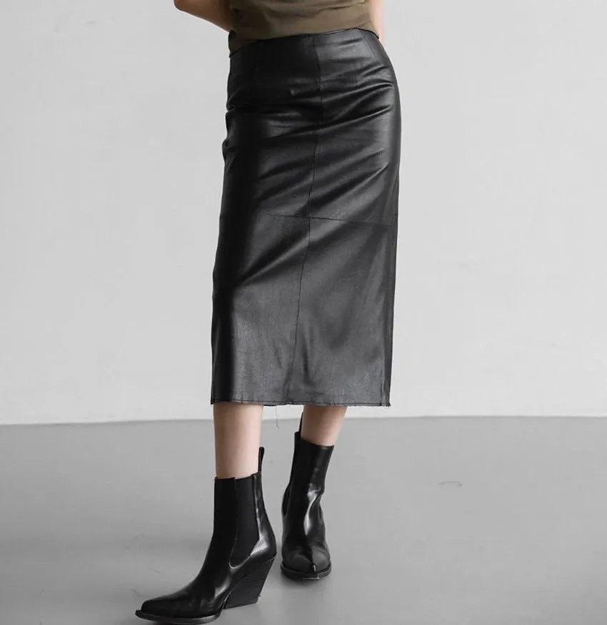 Women's High-Waisted Split PU Leather Pencil Skirt